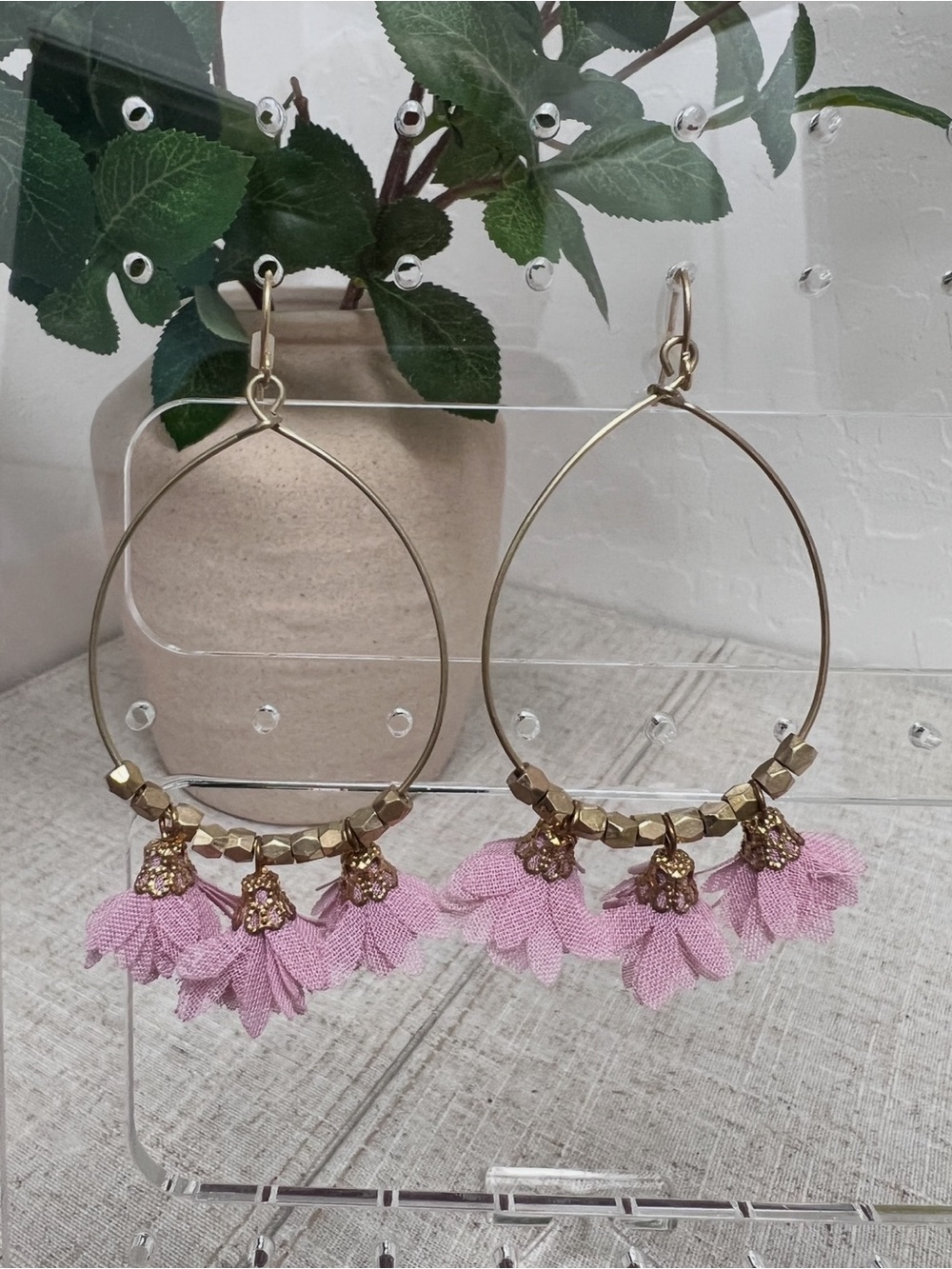 Gold Hoop Earrings with Pink Fabric Flower Charms - Women's Jewelry